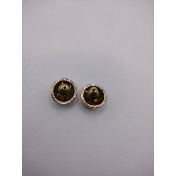 Gold Tone Earrings Dome Etched Ribbed Open Work Pierced Post - Picture 5 of 5